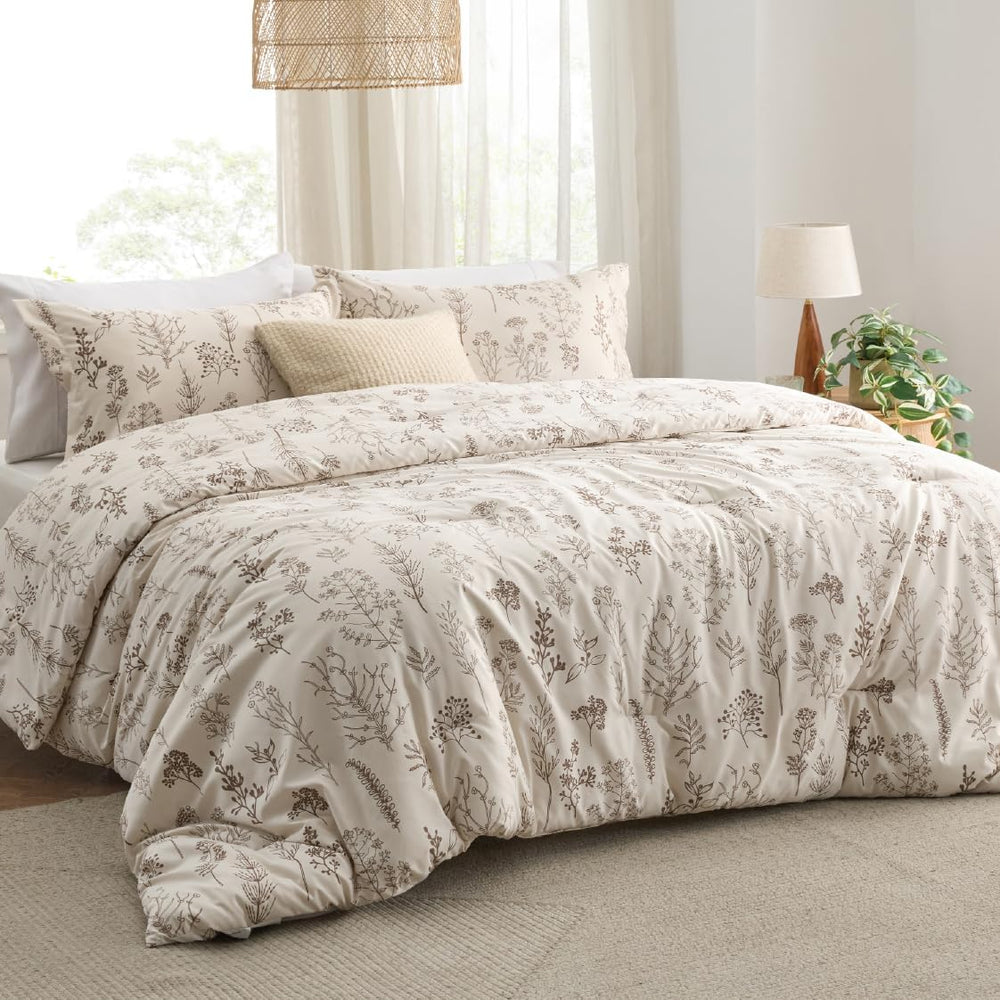 Bedsure Floral Comforter Set Cute Bedding Set Queen Reversible Beige