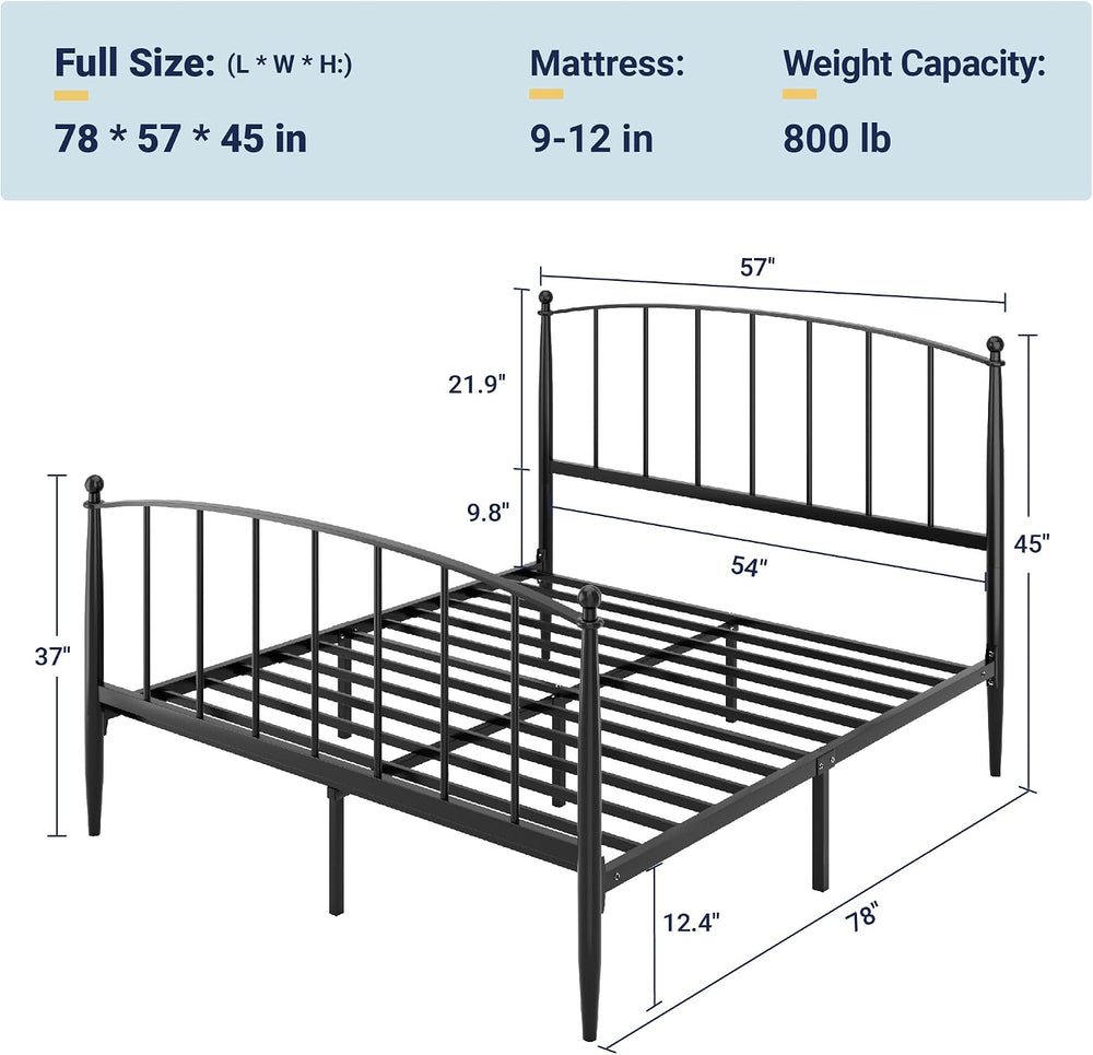 Allewie Metal Full Size Platform Bed Frame, 37'' Tall Footboard, Black