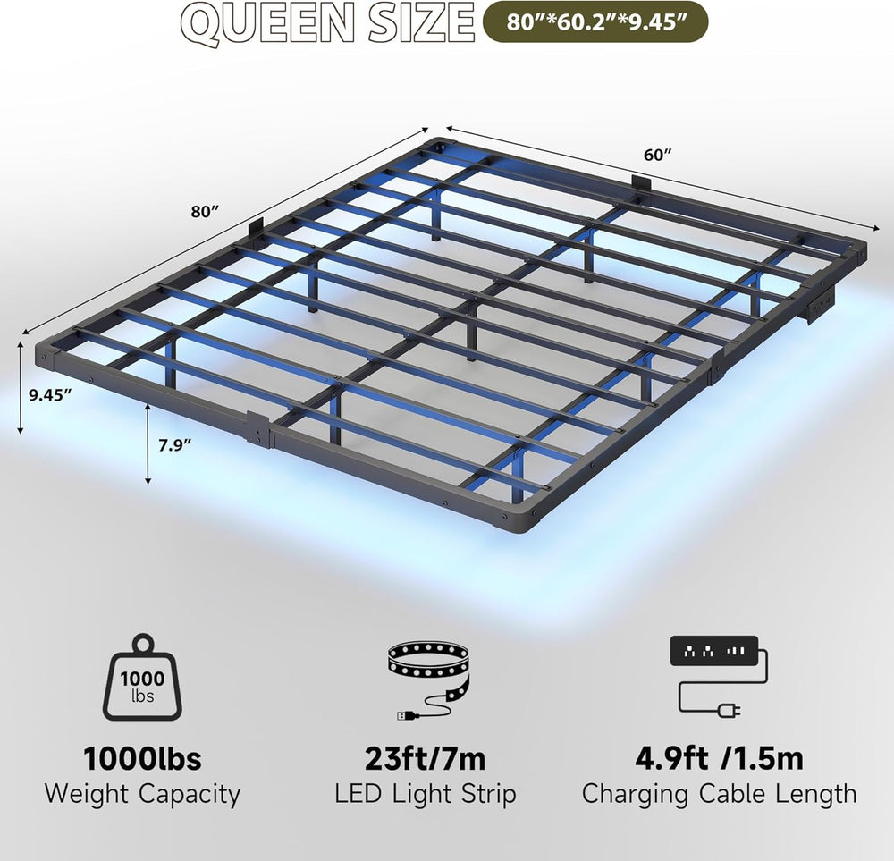 Floating Bed Frame Queen Size, Smart LED Lights & Charging Station, 9.45&...