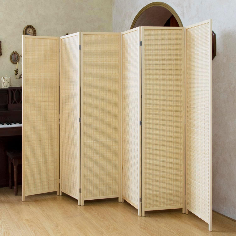 6 Panel Bamboo Room Divider - 5.6 ft Tall Natural Beige Folding Privacy Scree...