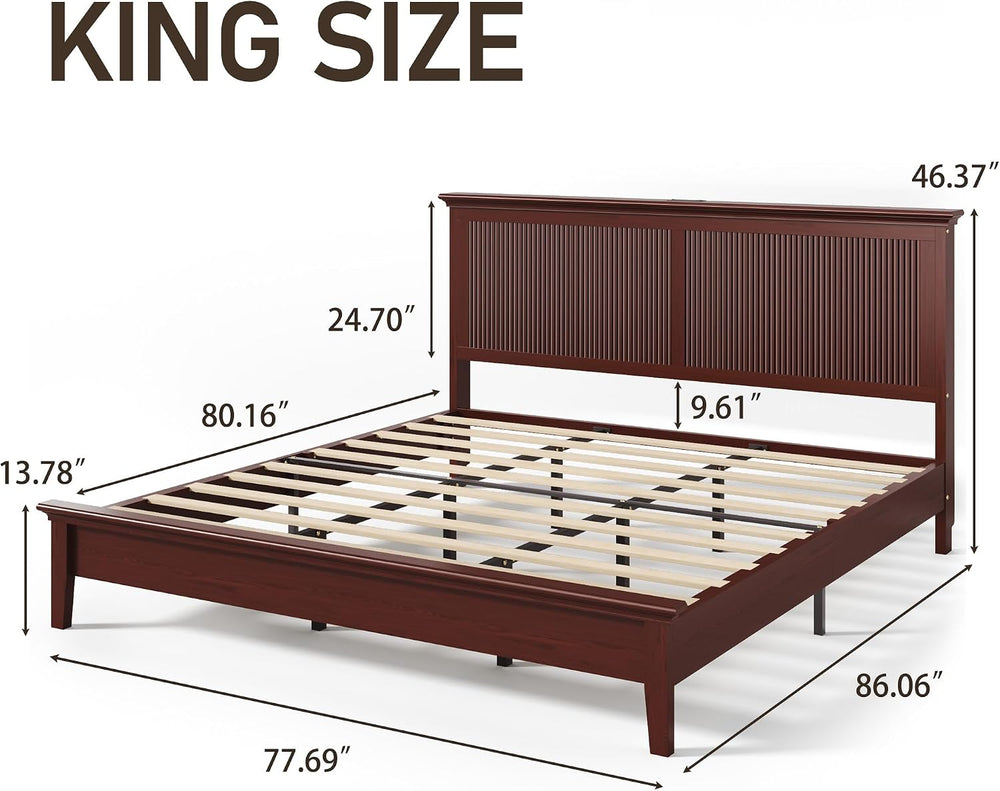 Lifezone King Bed Frame with Headboard, Solid Wood Bed Frame King Size with C...