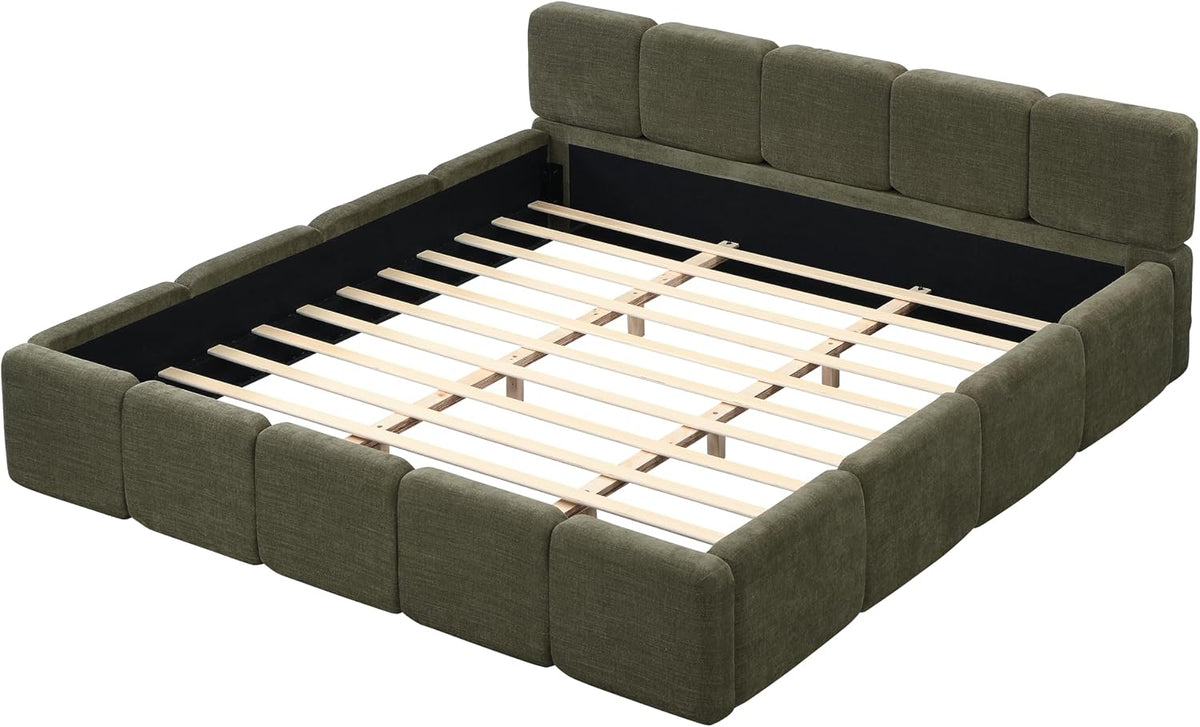 merax king boucle platform bed with thick headboard on a desk or shelf