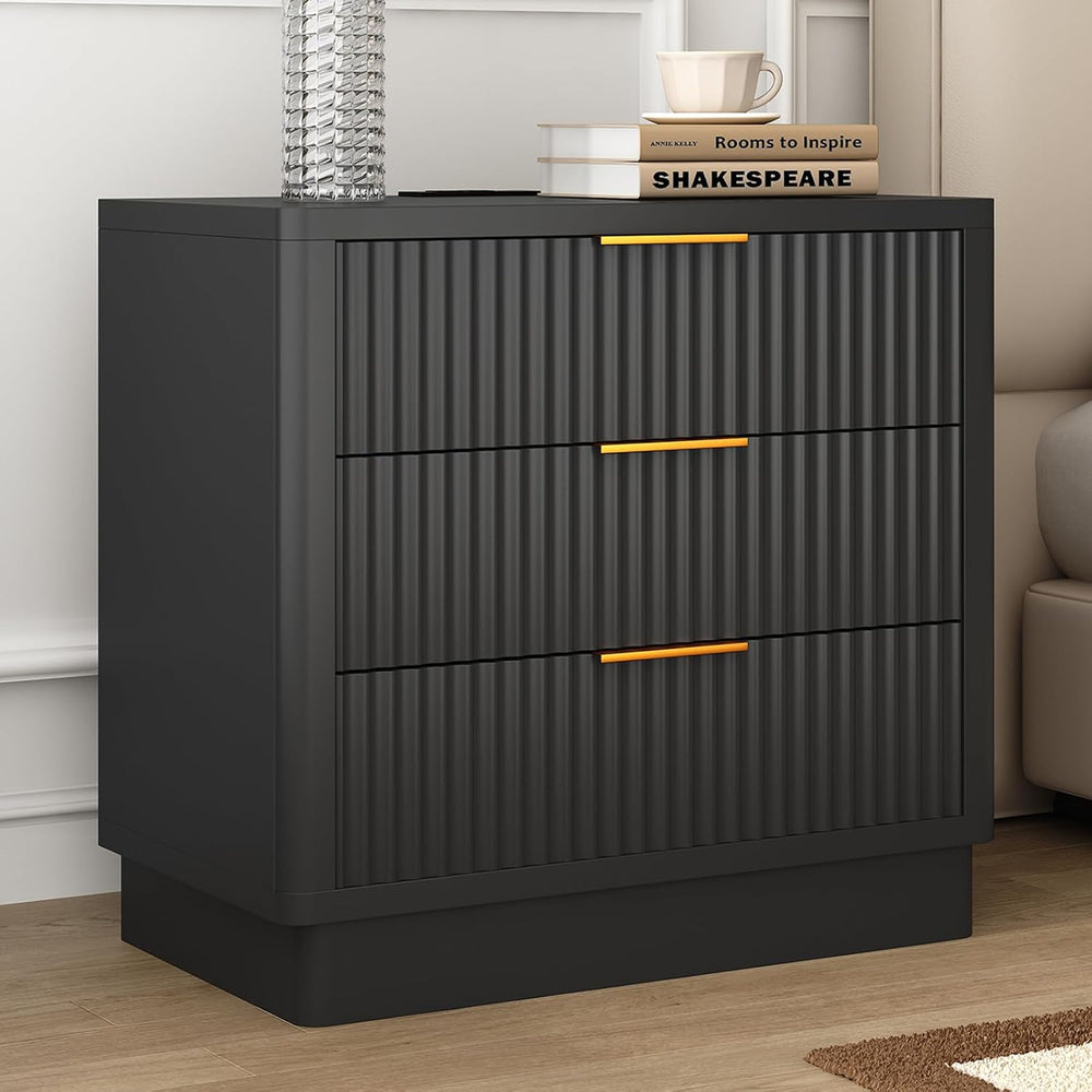 ELYKEN 24'' Black Nightstand with 3 Drawers & Outlet, Fluted End ...