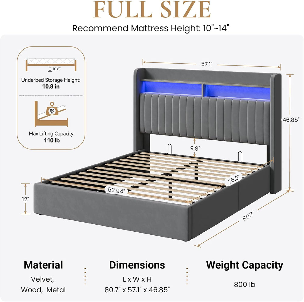 SHA CERLIN Full Size LED Lift Up Storage Bed Frame Charging Station, Grey