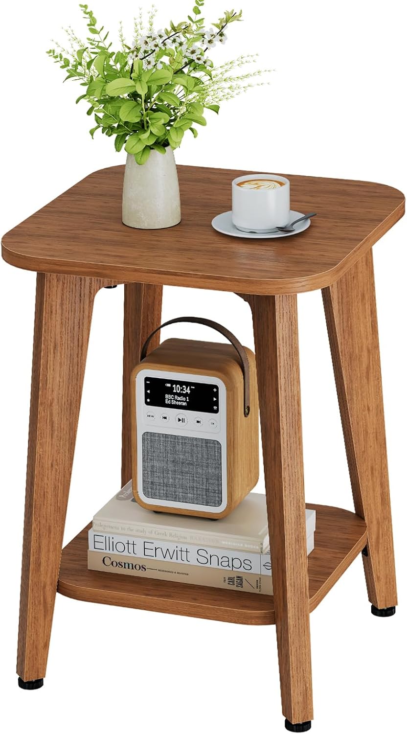 Simple Trending Side Table, 2-Tier Square End Table, Rustic Walnut