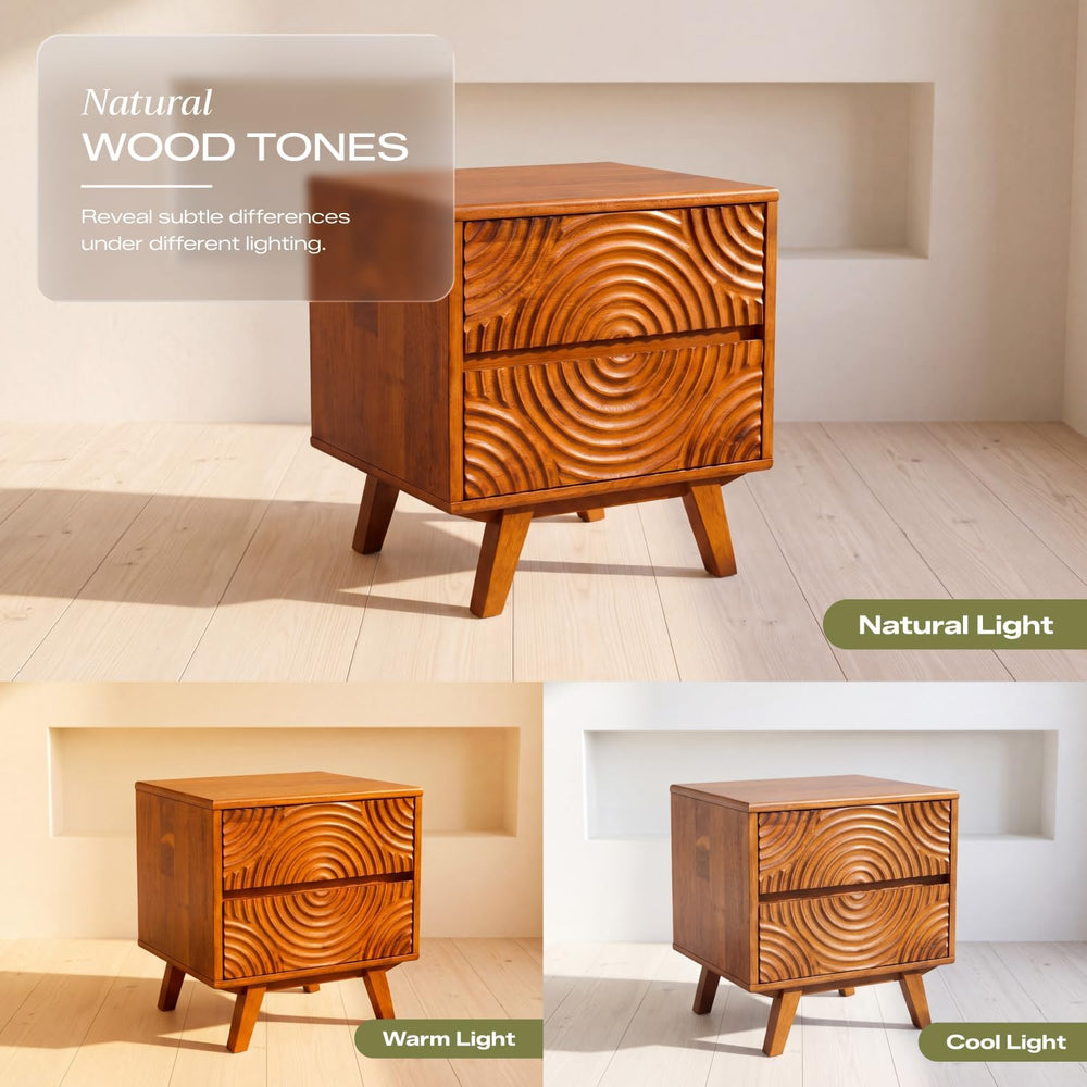Acacia Harmony Solid Wood Nightstand with 2 Drawers, Bedside Table, Caramel
