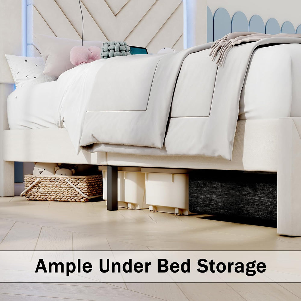 Twin Bed Frame with Adjustable Charged Headboard & Drawer, Off White