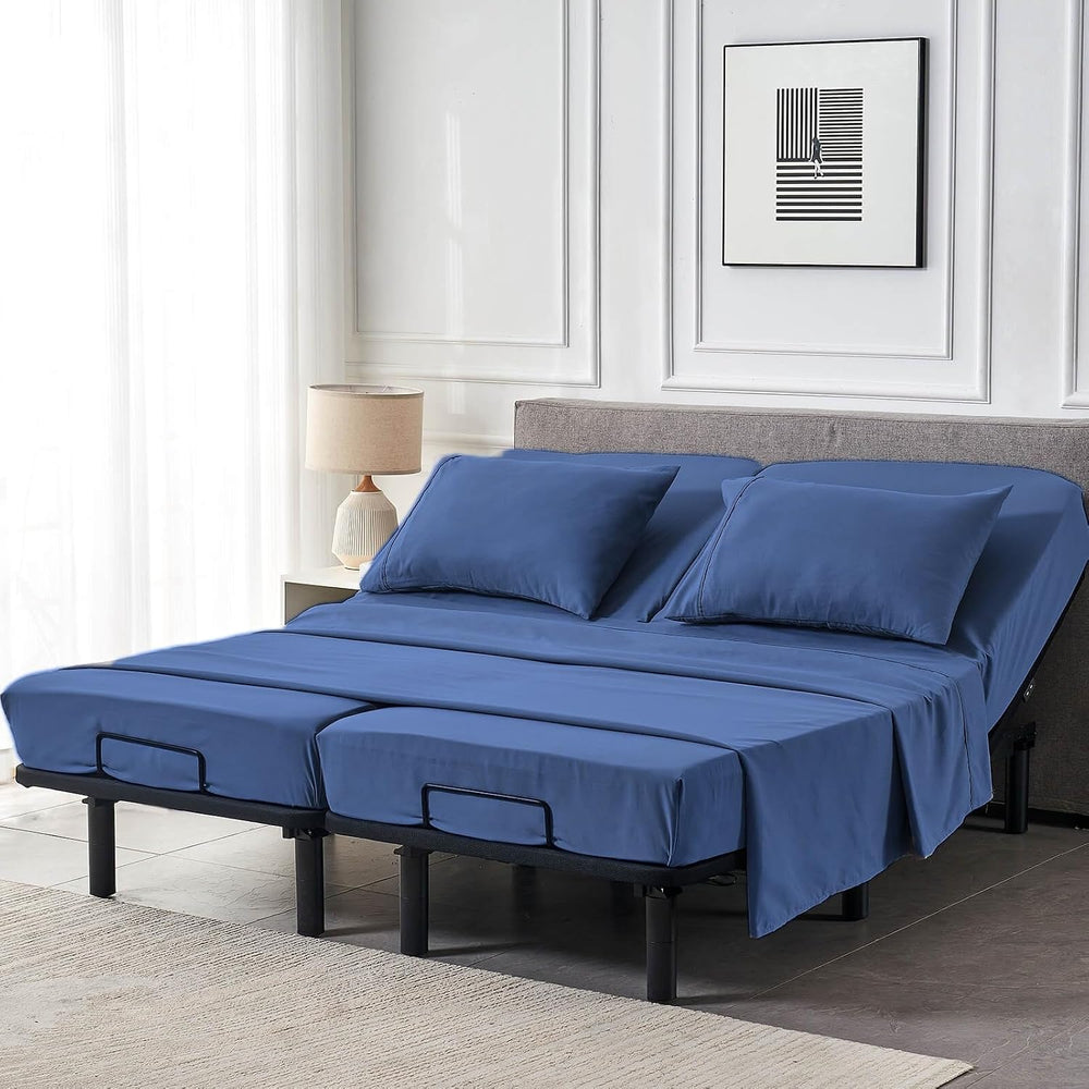Kingnex Split Queen Sheets Set for Adjustable Bed Navy