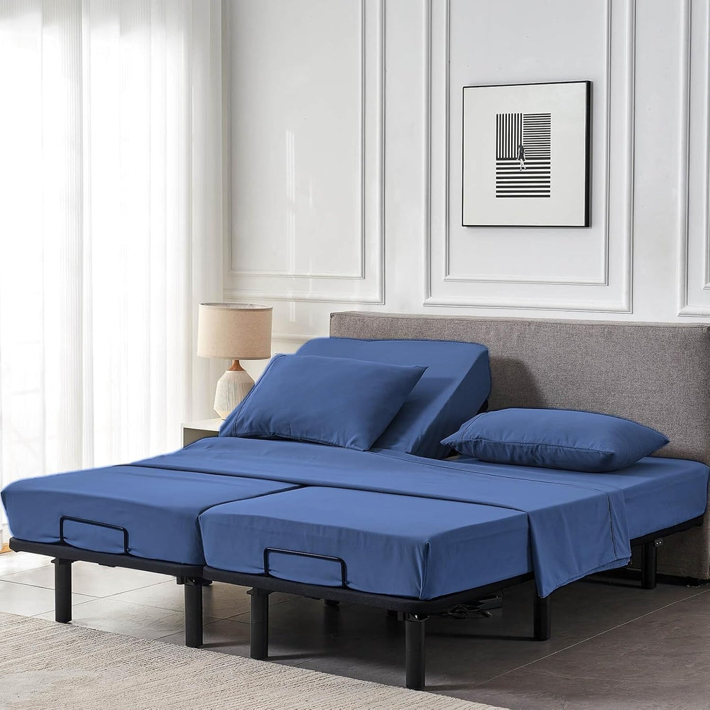 Kingnex Split Queen Sheets Set for Adjustable Bed Navy