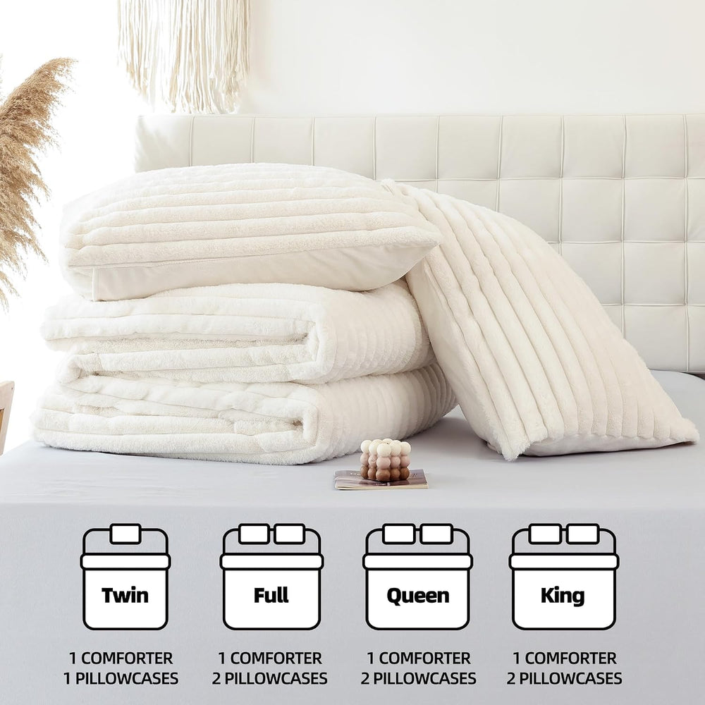 Fluffy Full Size Comforter 3 PCS - Cream White Fleece Bedding Set