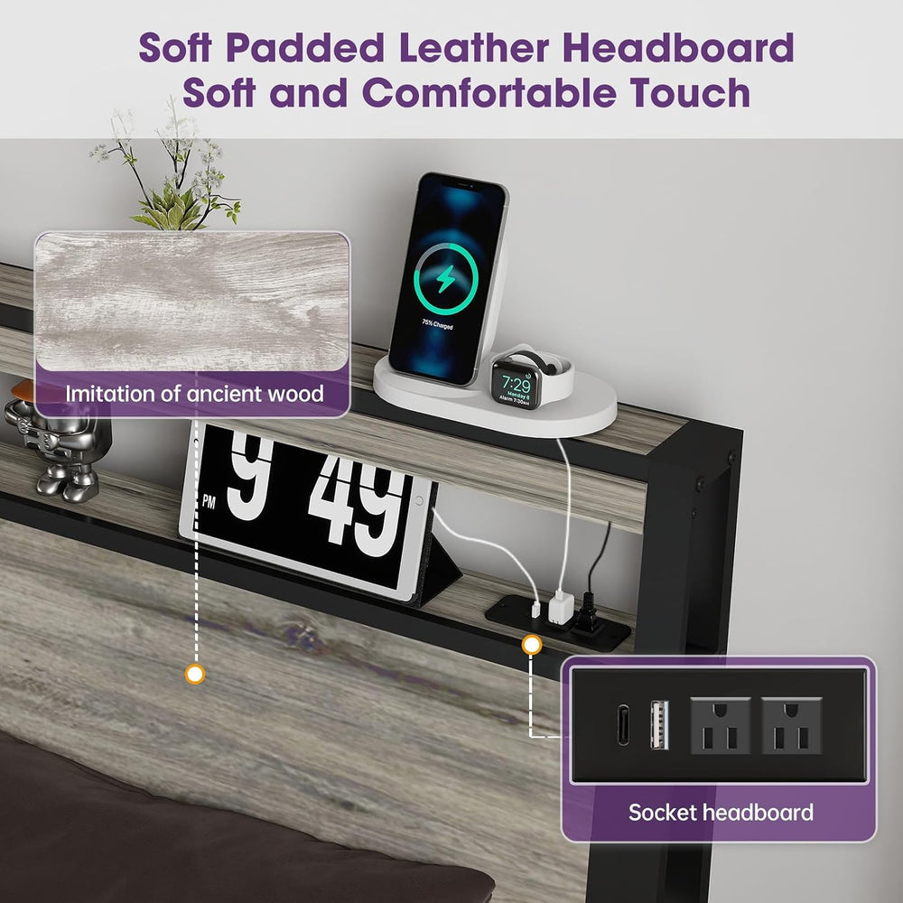 Full Size Bed Frame with LED Light Headboard and 4 Storage Drawers