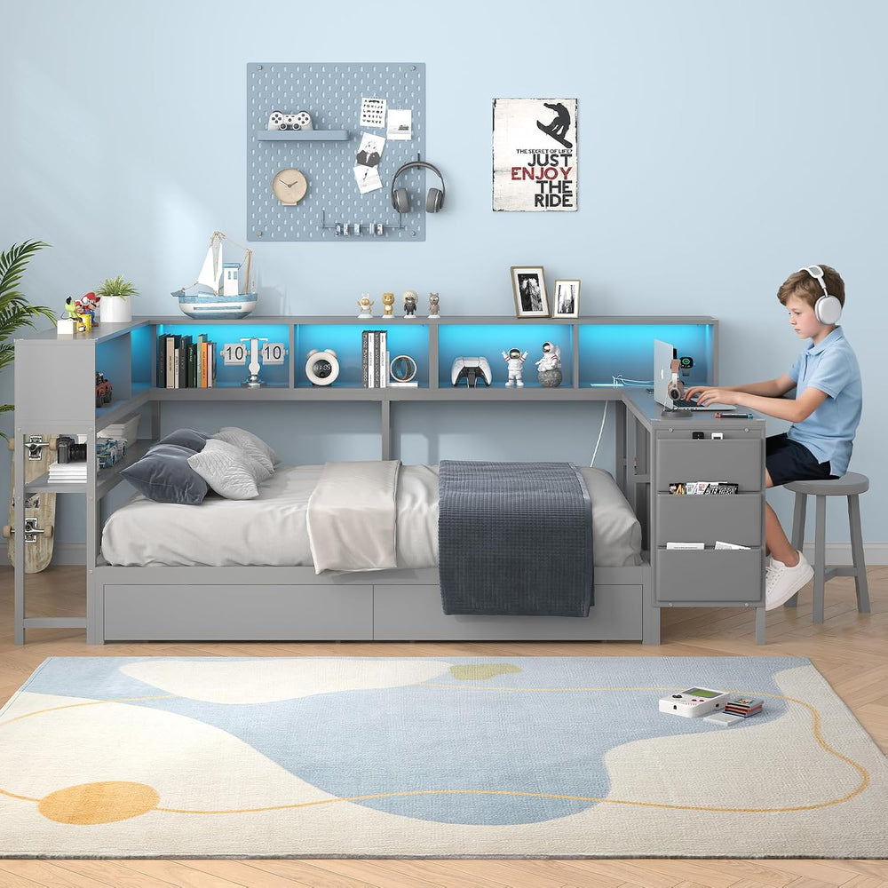 Hasuit Twin Corner Bed with Desk, Storage Bookcases, 2 Storage Drawers