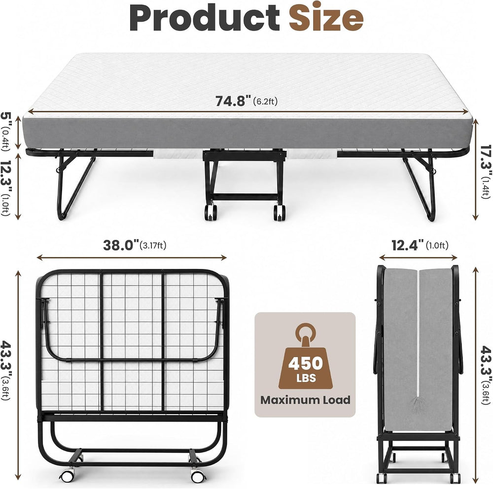 Twin Folding Bed with Mattress, 75"x 38" Foldable Bed for Adults,Fo...