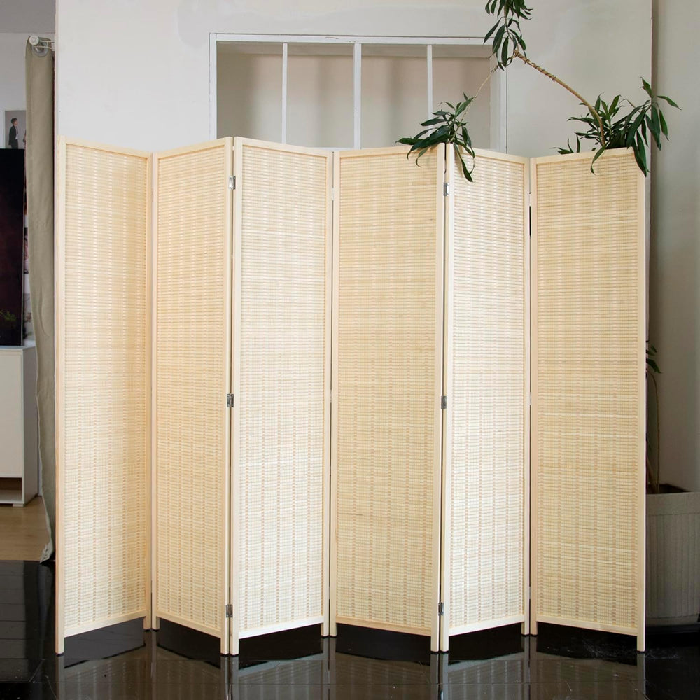 6 Panel Bamboo Room Divider - 5.6 ft Tall Natural Beige Folding Privacy Scree...