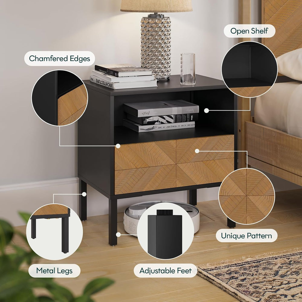 Bme Vivian Solid Wood Nightstand, End Table, Bedside Table with Herringbone P...