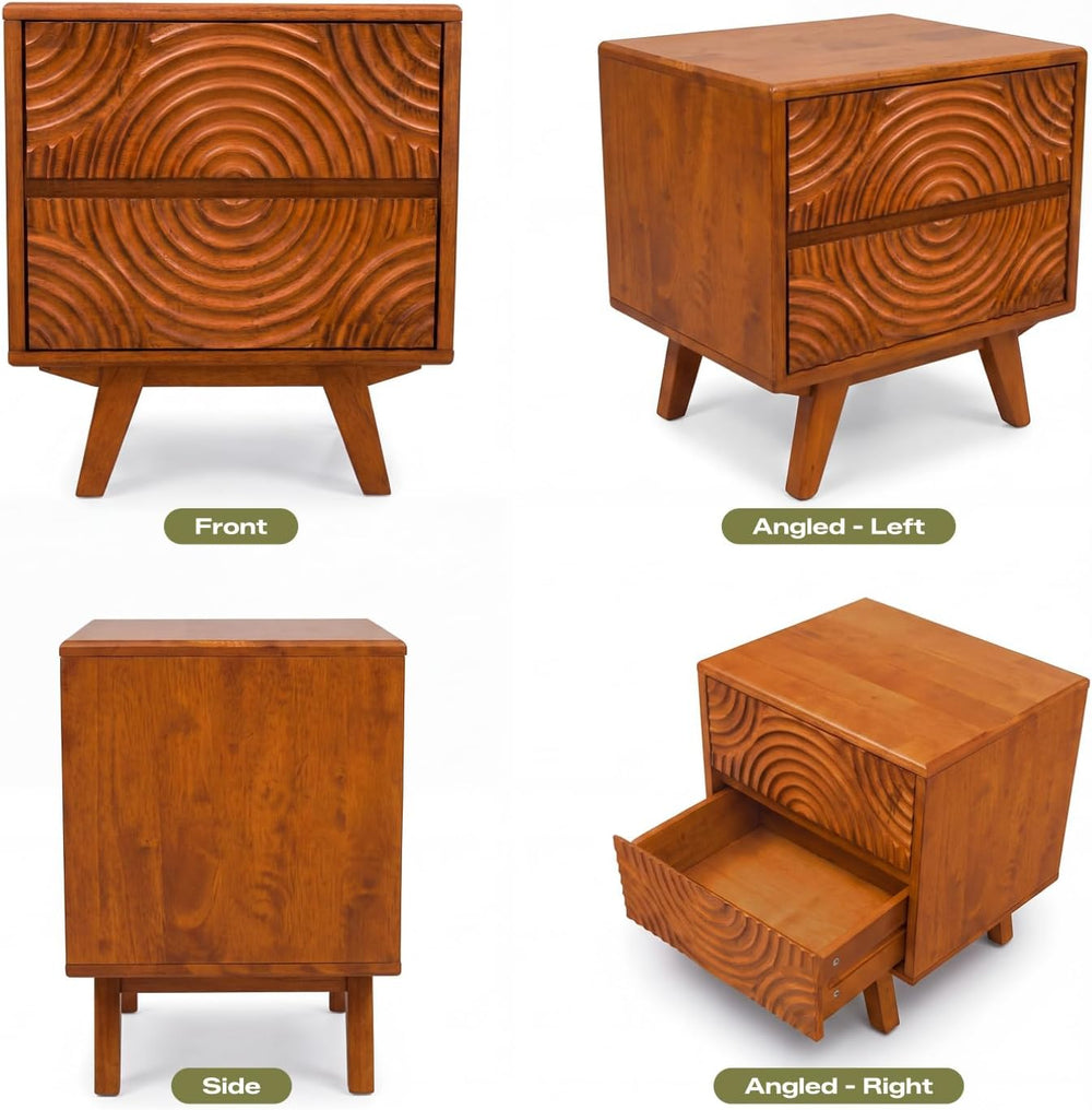 Acacia Harmony Solid Wood Nightstand with 2 Drawers, Bedside Table, Caramel