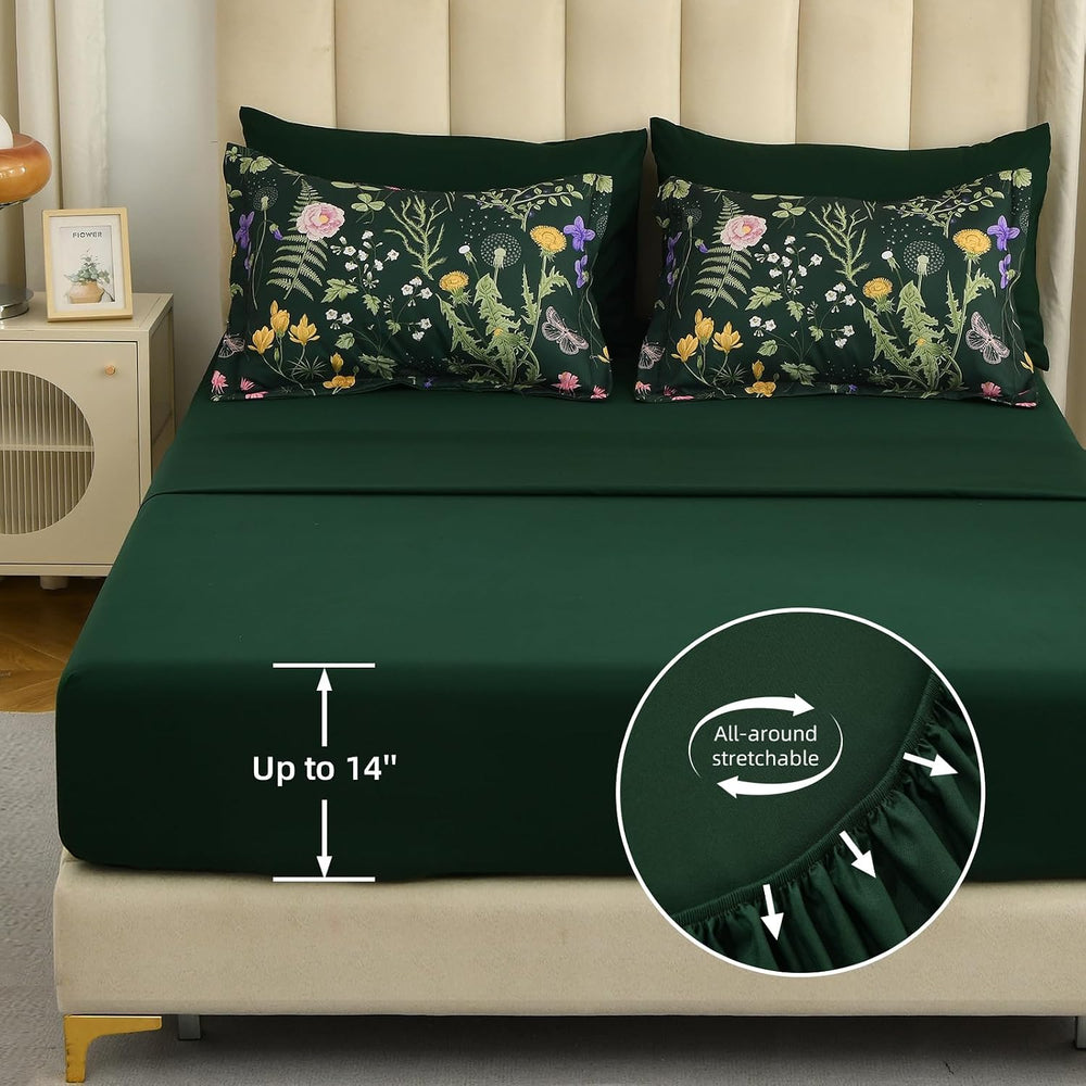 Yiran Queen Comforter Set 7 Piece, Dark Green Floral Bedding Bed in a Bag