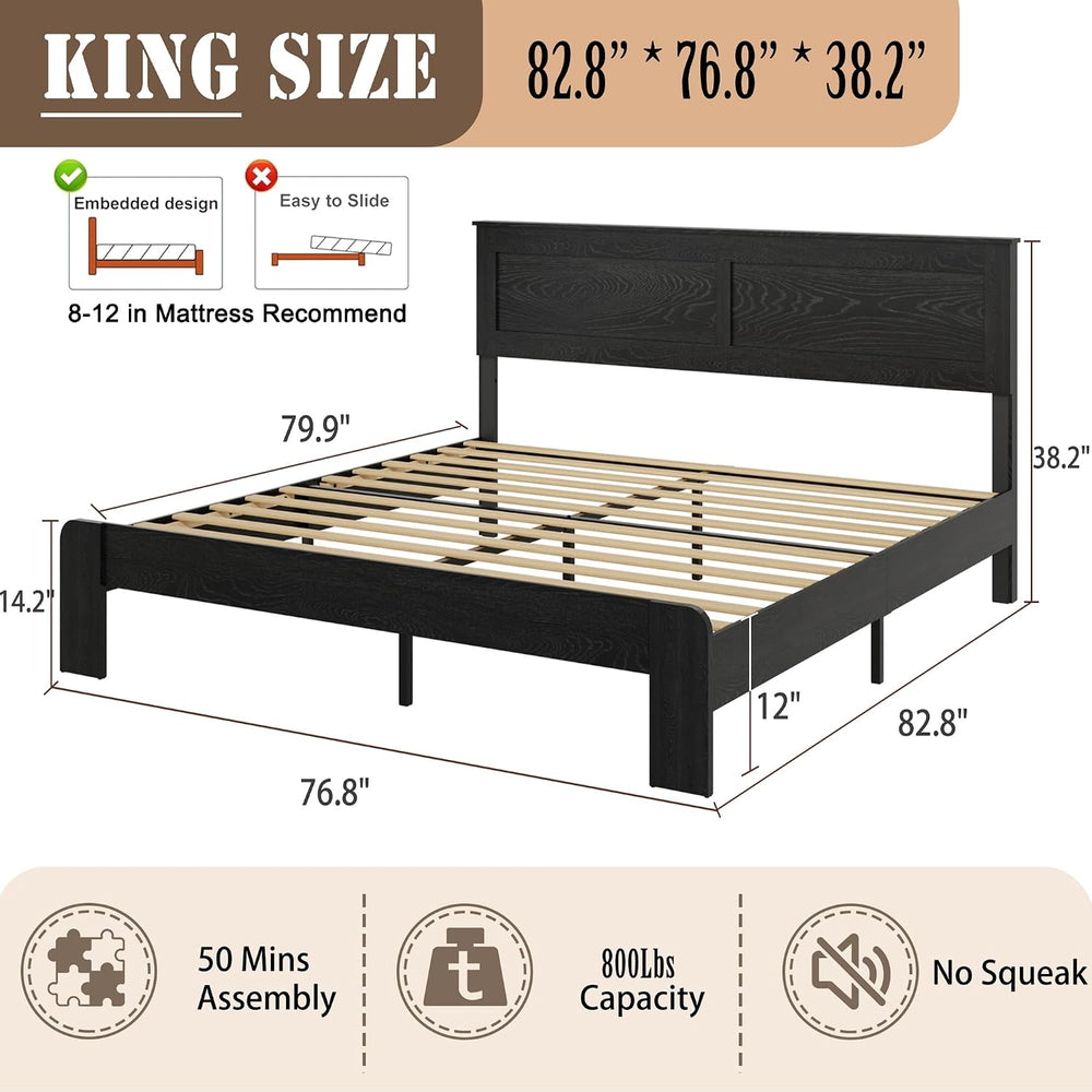 Wooden Bed Frame King Size with Headboard, Farmhouse Platform Bed