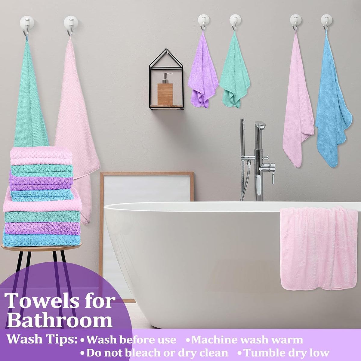 preboun 12 pcs bath towels set washcloths microfiber,pastel on a desk or shelf
