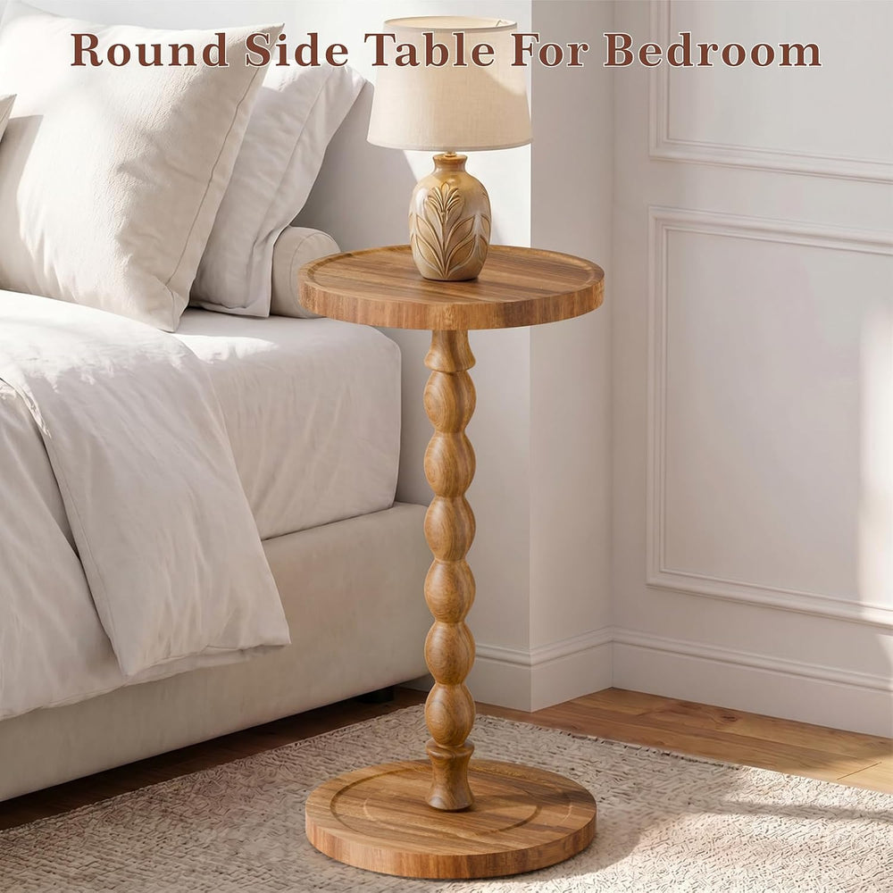 Small Round Side Table, Acacia Wood Drink Table for Small Spaces