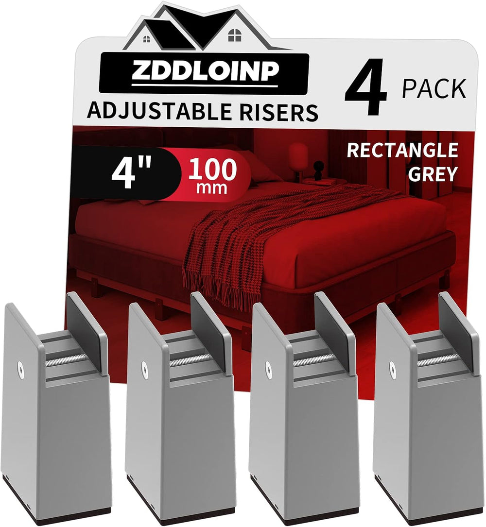 Bed Risers 4 Inch with Adjustable Screw Clamp,4 Pack, Grey