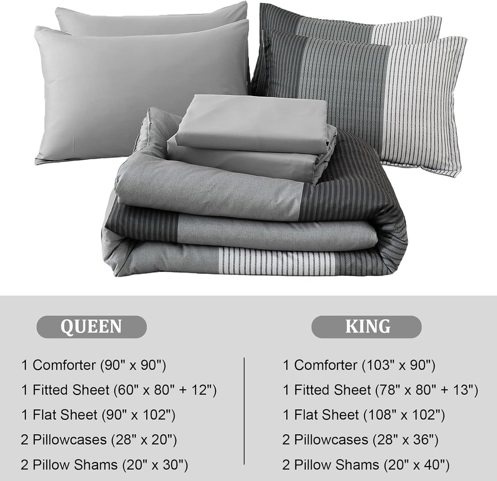 Grey Full Size Comforter Set, 7 Pieces Striped Bed in a Bag with Sheets