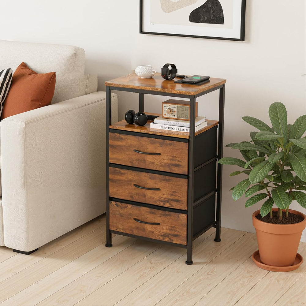 Sweetcrispy Nightstand with Charging Station 5 Fabric Drawers Bedside Table