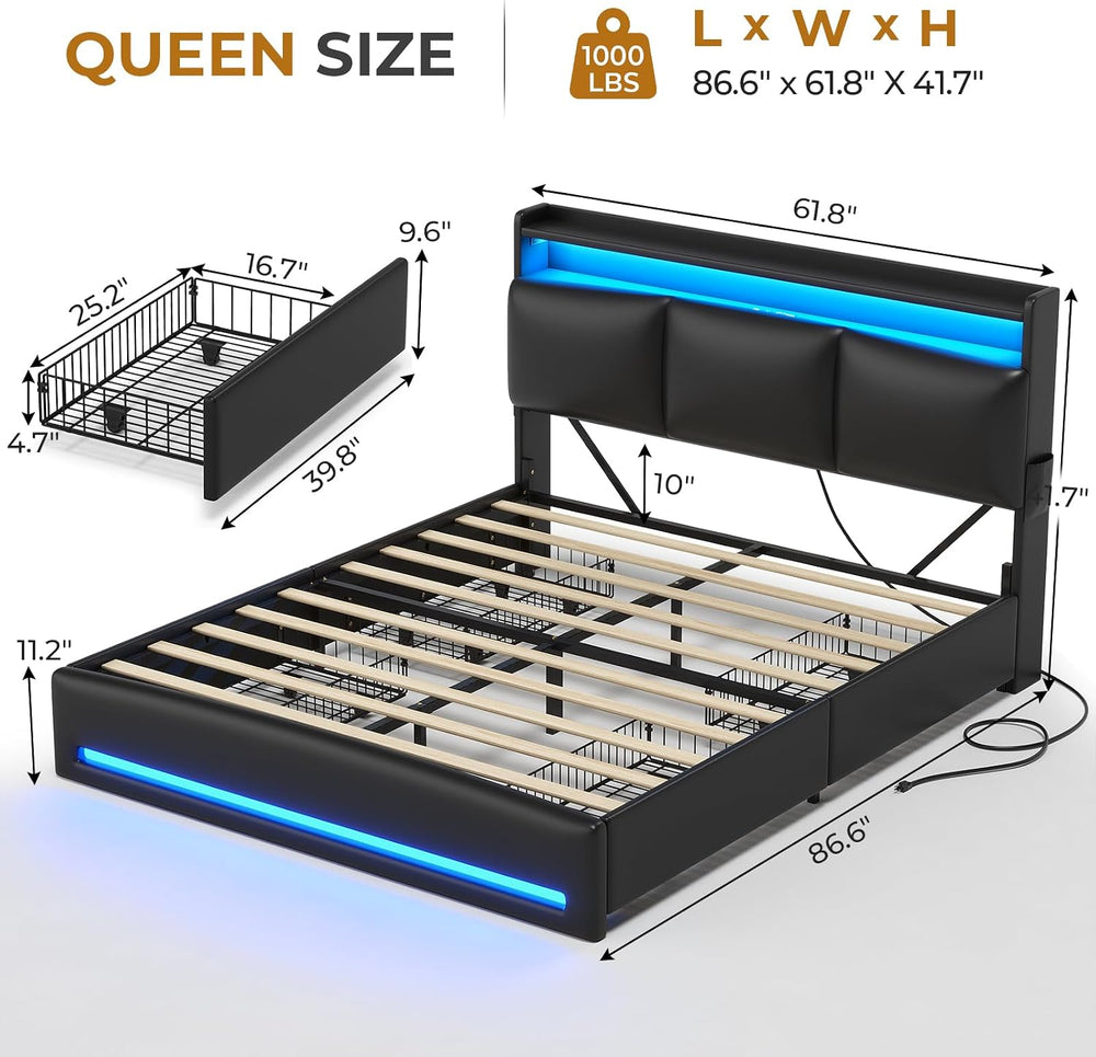 MSmask Queen Bed Frame with 2-Tier Storage Headboard, LED Bed Frame Queen Siz...