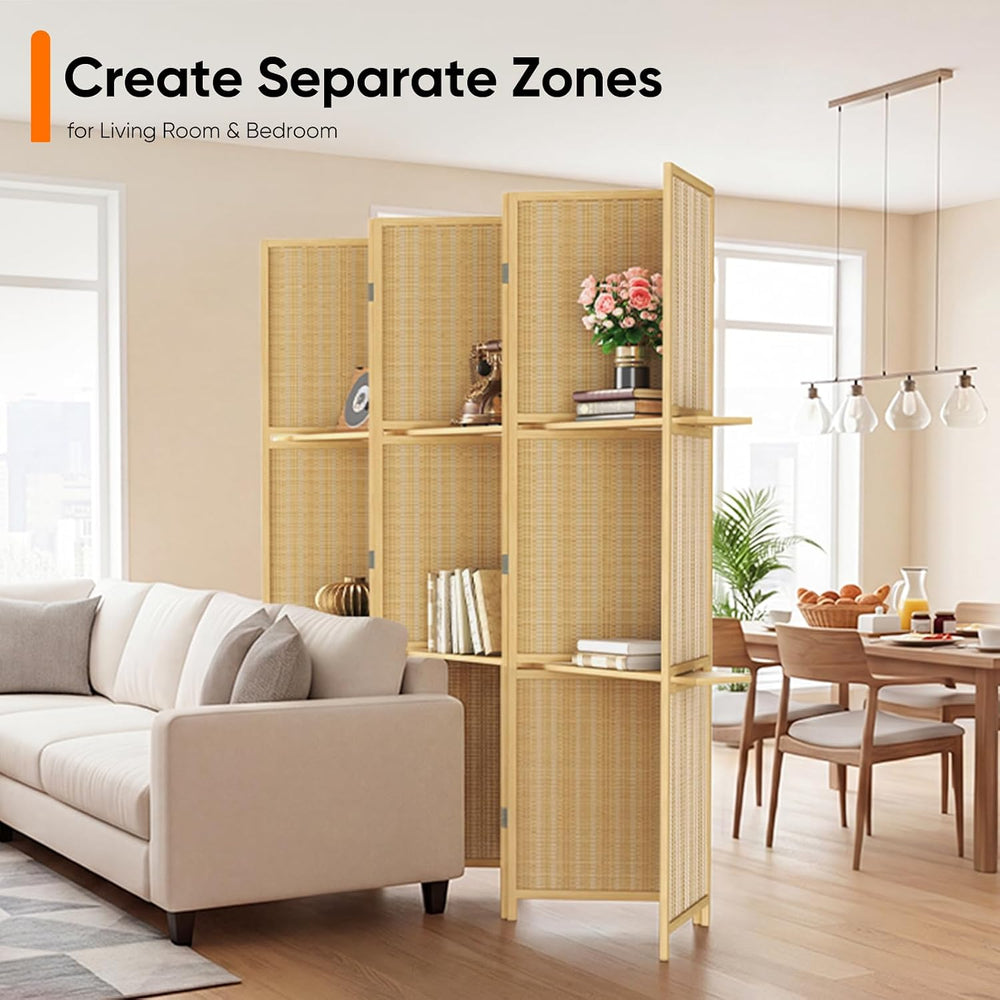 JOSTYLE Bamboo Room Divider with Shelves, 6-Panel Privacy Screen
