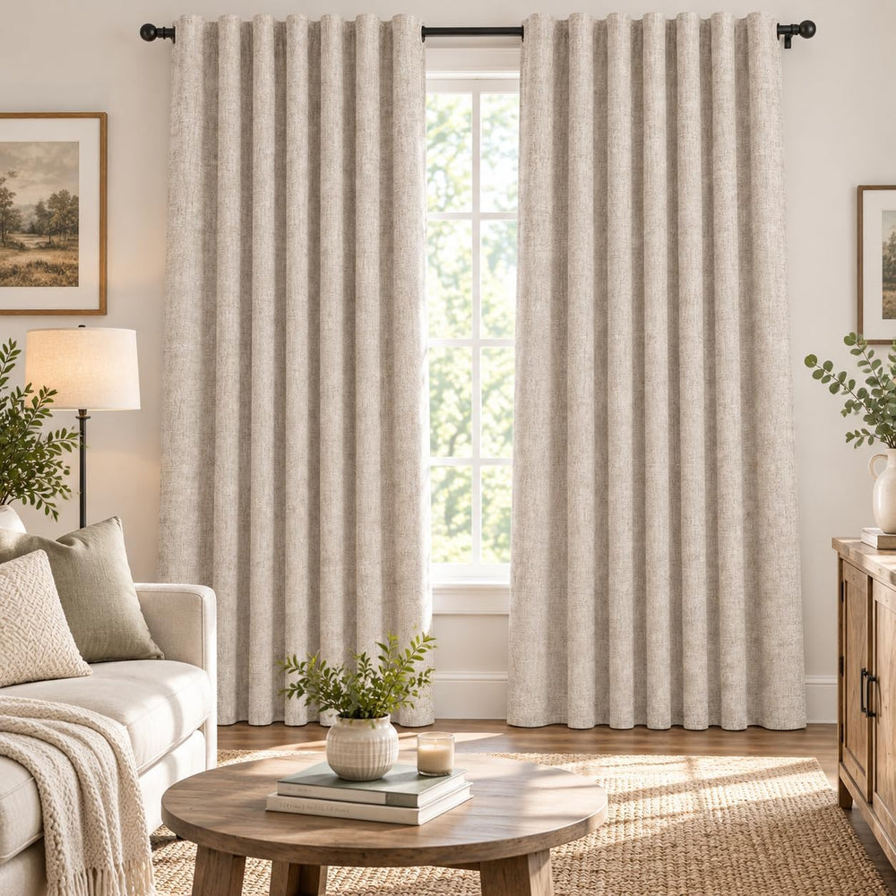 100% Blackout Curtains 96 inch Length Faux Linen (W52 x L96, Beige)
