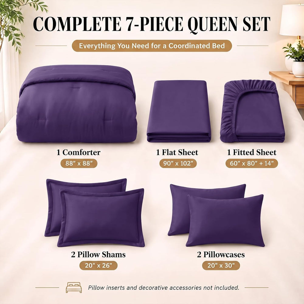 CozyLux Queen Comforter Set Purple, 7 Pieces Bed in a Bag