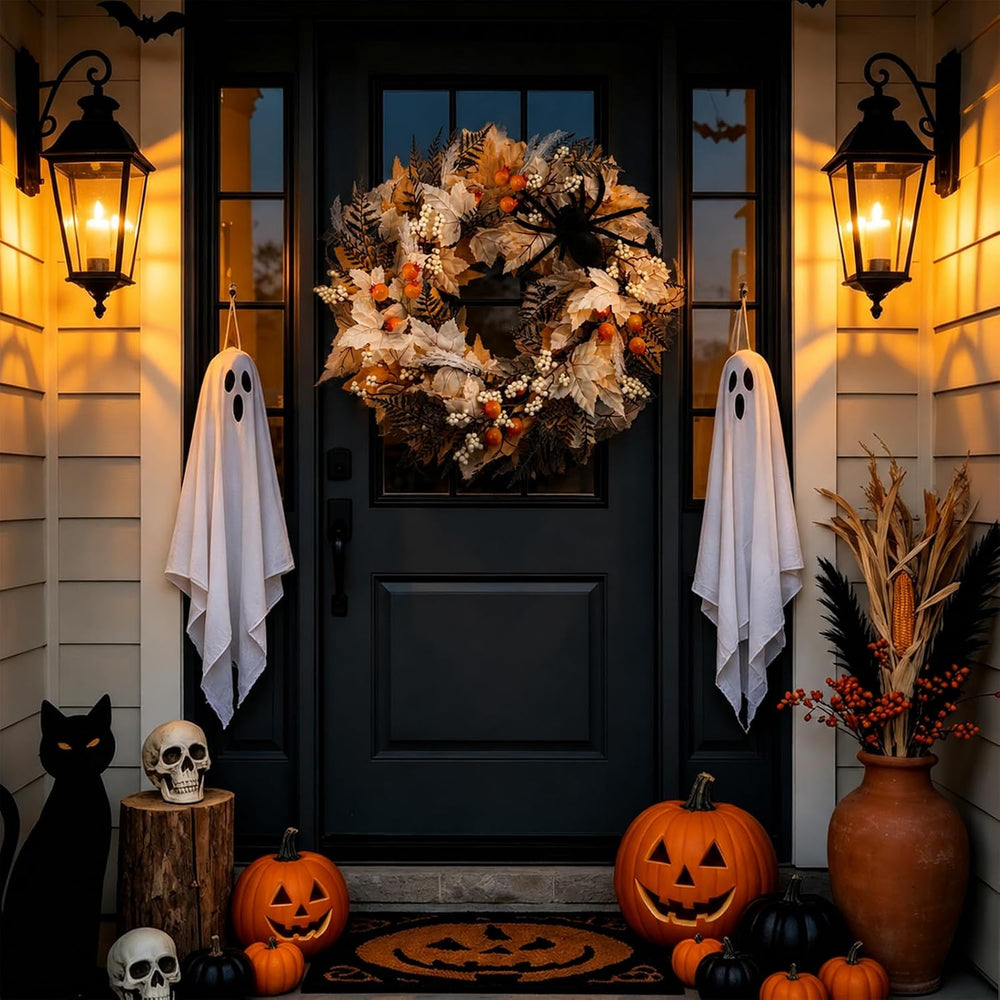 24" Halloween Wreath for Front Door with Spider, Maple Leaf