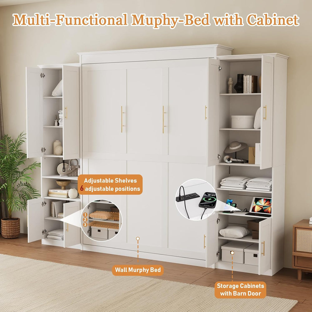 Murphy Bed Queen with 2 Storage Cabinets and USB Port, White