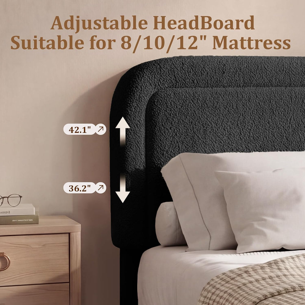 Vipbear Boucle King Size Bed Frame with Adjustable Headboard, Upholstered Clo...