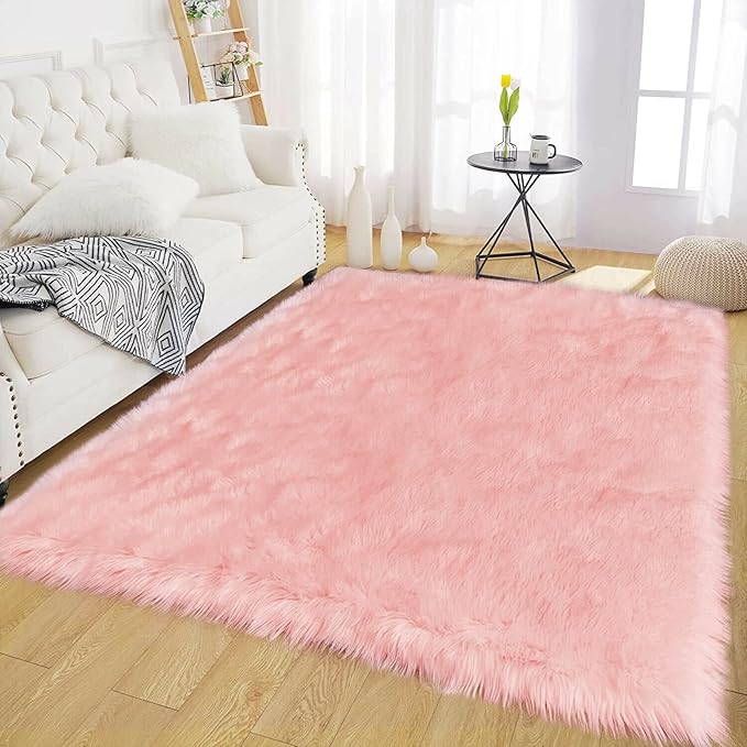 Latepis Pink Rugs for Living Room Shag 6x8 Faux Fur Sheepskin Rug for Sofa - Image 7
