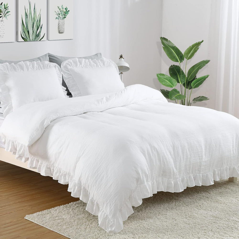 CAROMIO White Ruffle Duvet Cover Queen Size, 3PCS Soft Washed Microfiber Vint...