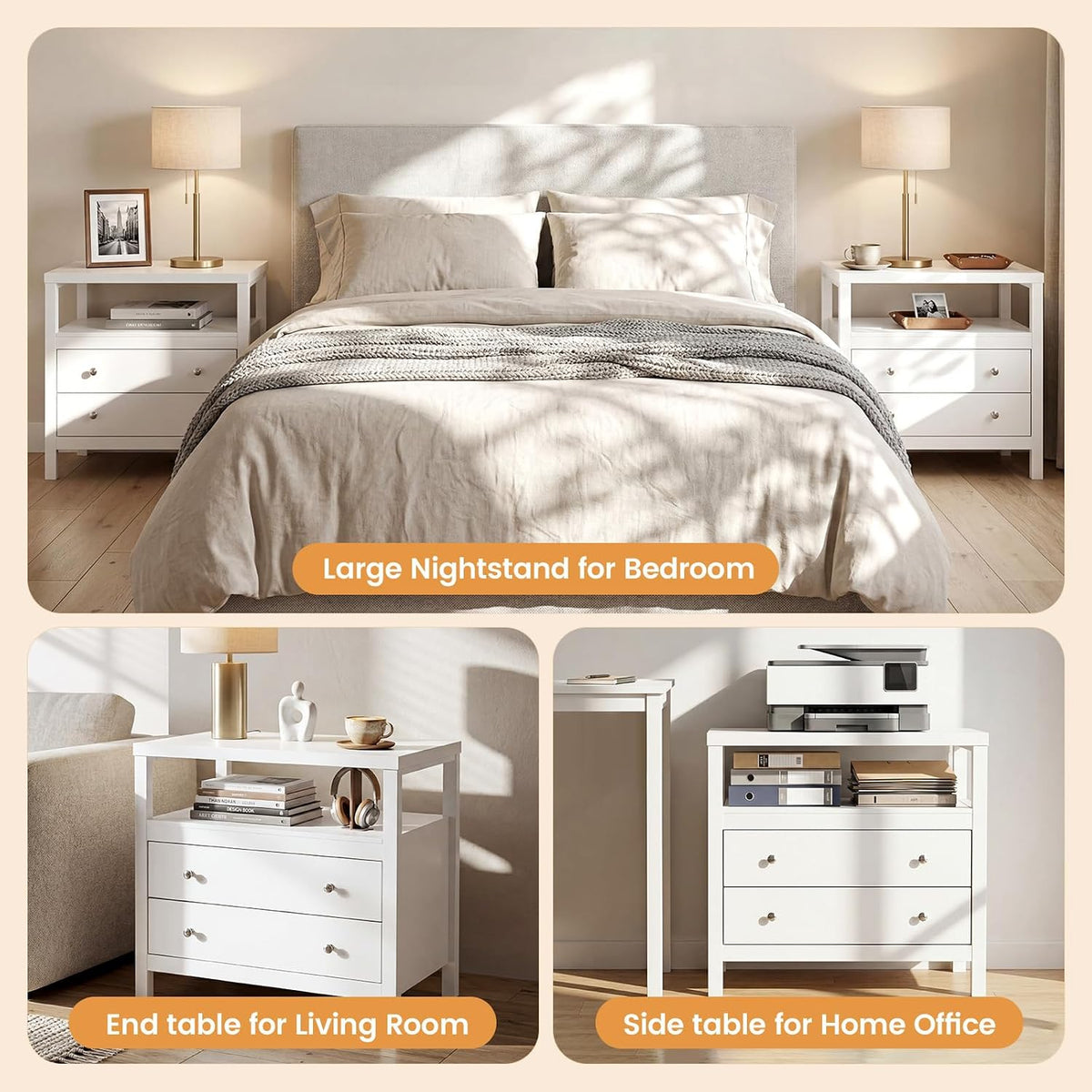 28 inch wide night stand, white nightstand with, front angle view