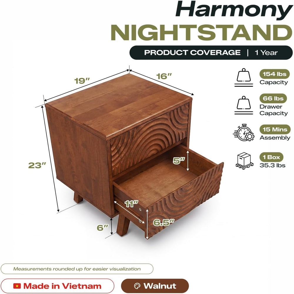 Acacia Harmony Solid Wood Nightstand with 2 Drawers, Bedside Table, Walnut