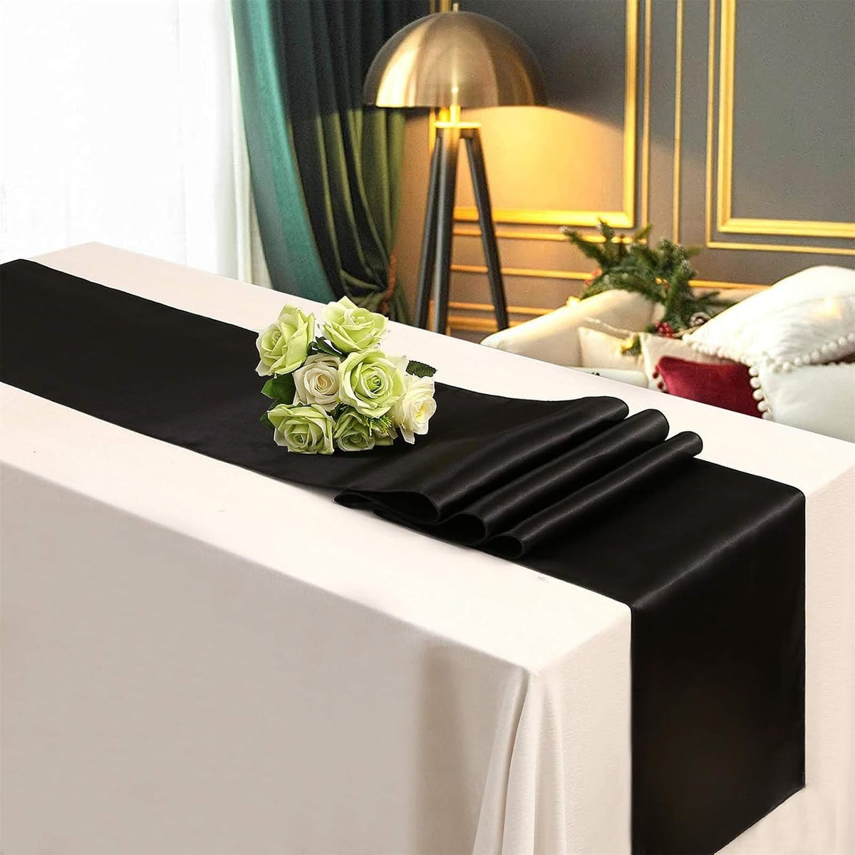 24 Pack Black Table Runners 12 x 108 Inches Long Smooth Satin Silk Black Halloween Table Runner for Party Wedding Birthday Banquet Decoration
