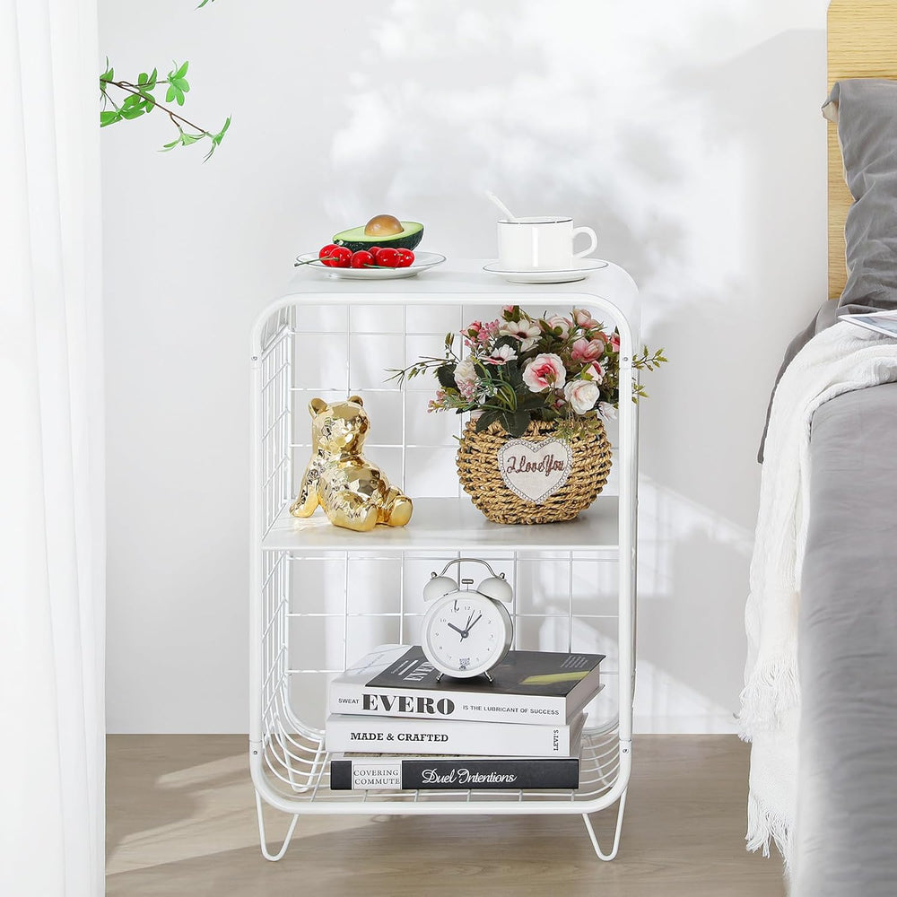 APEXCHASER Cute Nightstand,3 Tier Metal Side Table,White