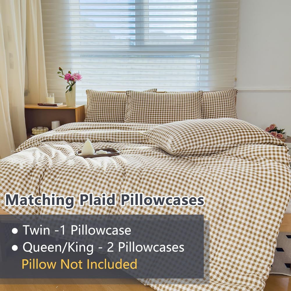 NSNLGSGC Tan Gingham Queen Comforter Set, 3 Pieces