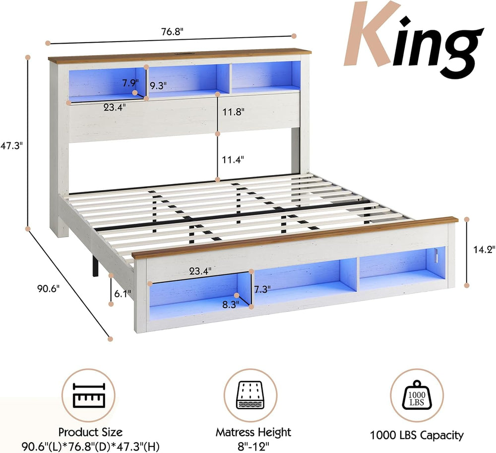 LUXOAK King Size Bed Frame with Storage Headboard and Footboard, White