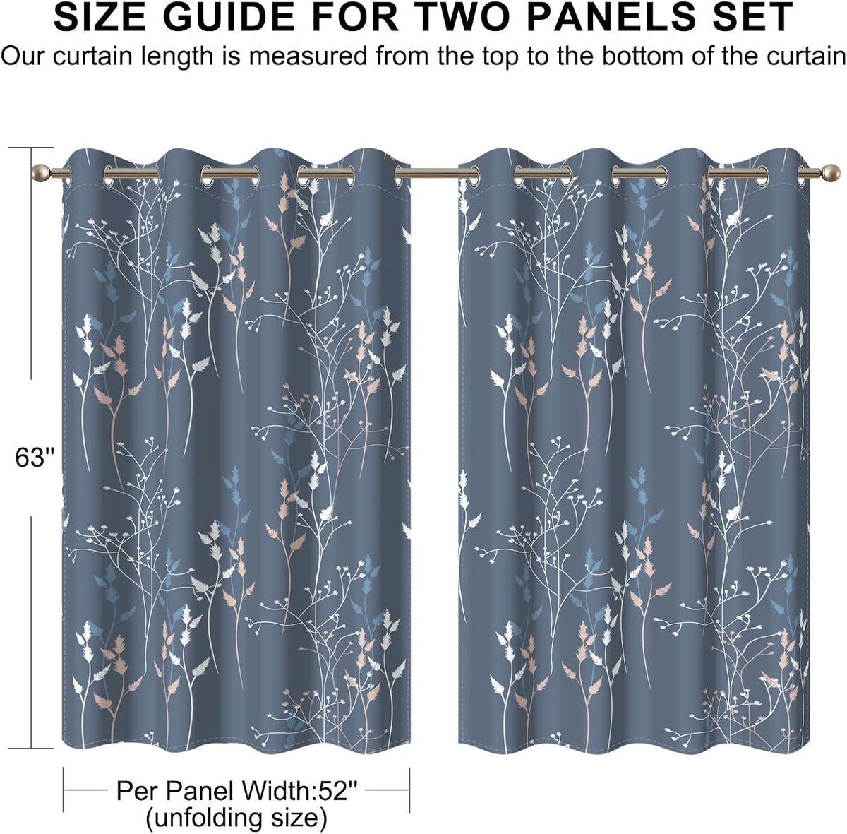 blue leaves blackout curtains 63 inch length, room, front angle view