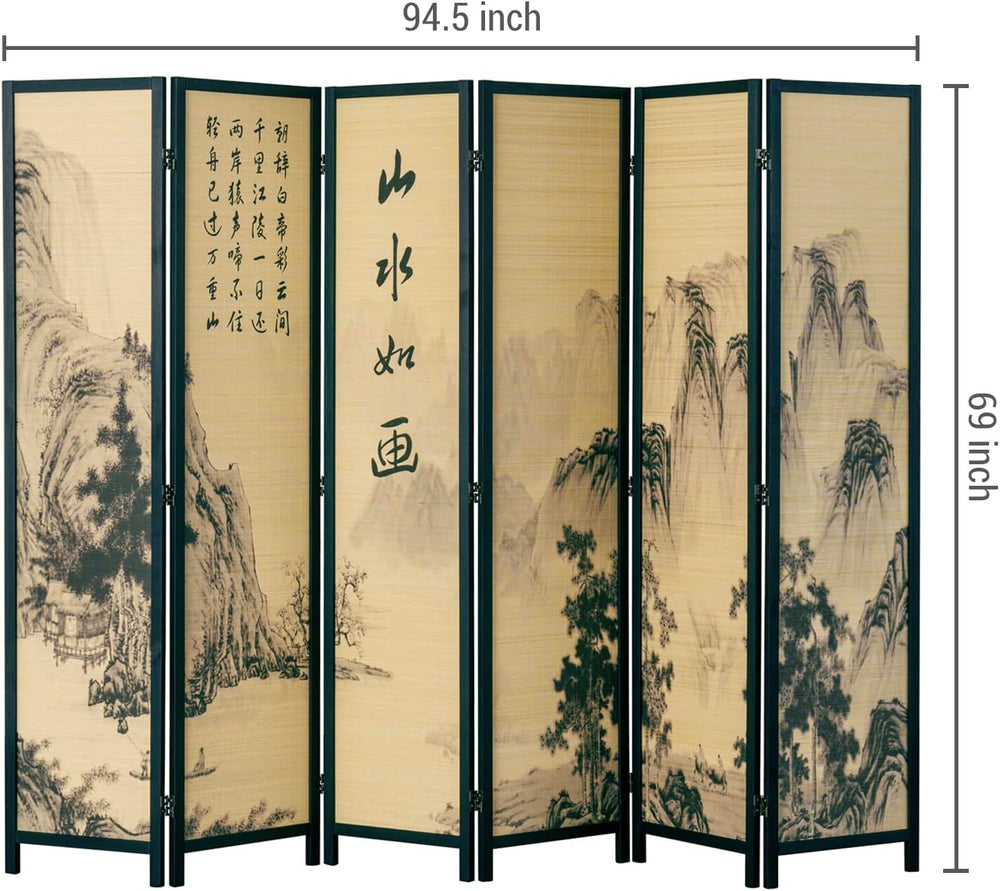 MyGift 6 Panel Room Divider with Bamboo Screen Chinese Calligraphy Design