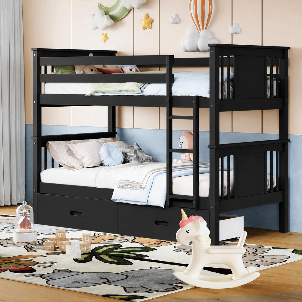 FUQARHY Solid Wood Twin-Over-Twin Bunk Bed with 2 Storage Drawers