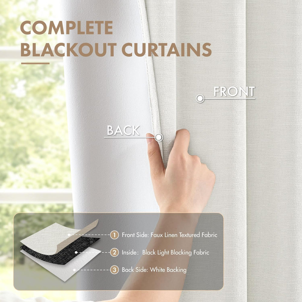 MIULEE Linen Textured 100% Blackout Curtains Drapes White Backing 96" Long