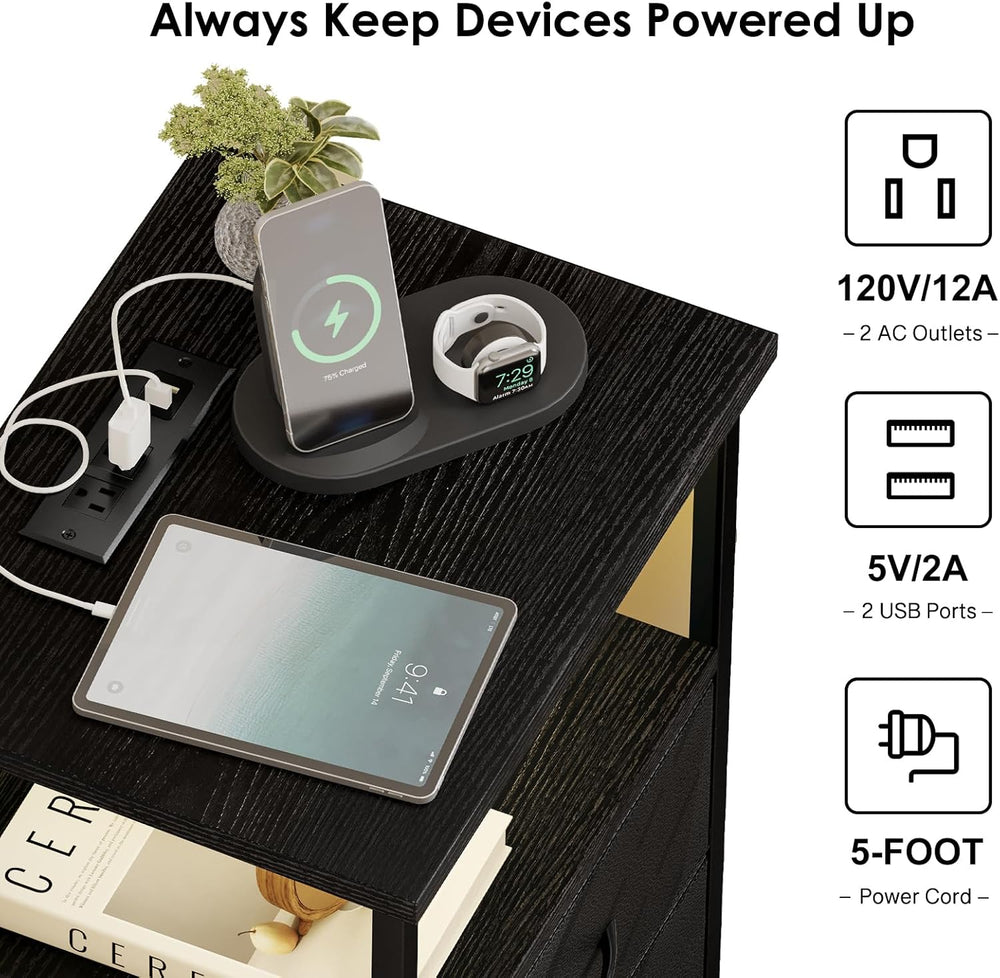 Fixwal Night Stand with Charging Station, Black Led Nightstand, 2 Drawers