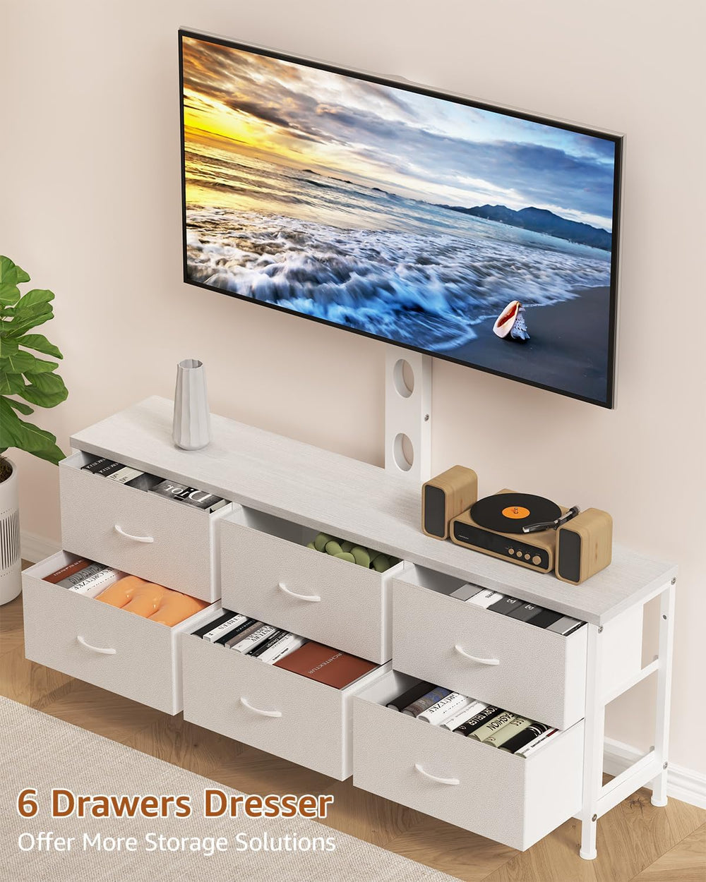 TV Stand with Mount, Fabric Dresser with 6 Drawers for 32/45/55/60/65/75 inch...