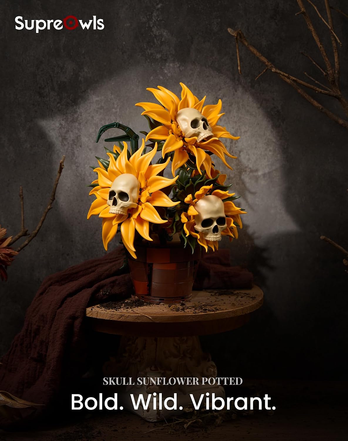 Gothic Skull Sunflower Potted Halloween Building Set for Adults