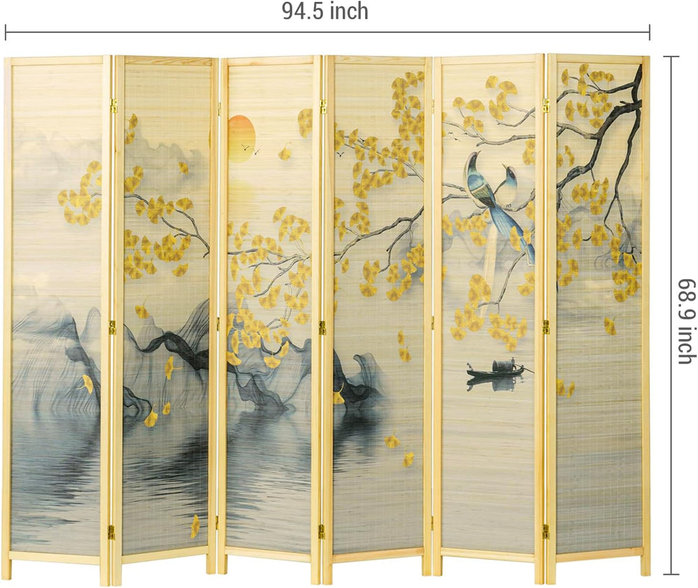 MyGift 6 Panel Bamboo Room Divider, Dual Sided Asian-Inspired Artwork